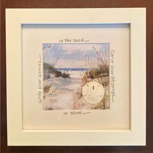 Framed Beach Sand Dollar Art “Worries in sand, blessings in stone” 7”x7”